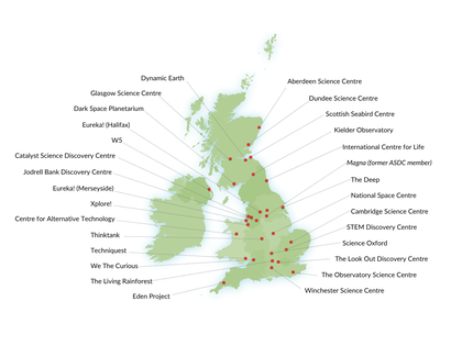 Map of the UK showing the 28 science and discovery centres excluded from funding